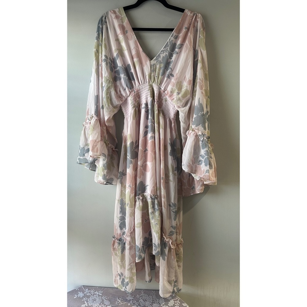ONETHELAND Floral Midi Dress Womens Large Pink Sage Green Excellent Smocked Boho